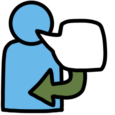 a green arrow pointing from a speech bubble back to the blue figure speaking it